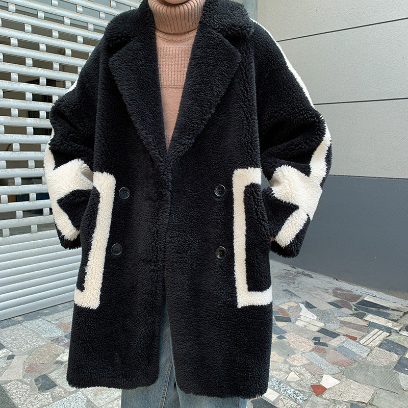 Thick Plush Long Coat with Color Block Design for Couples