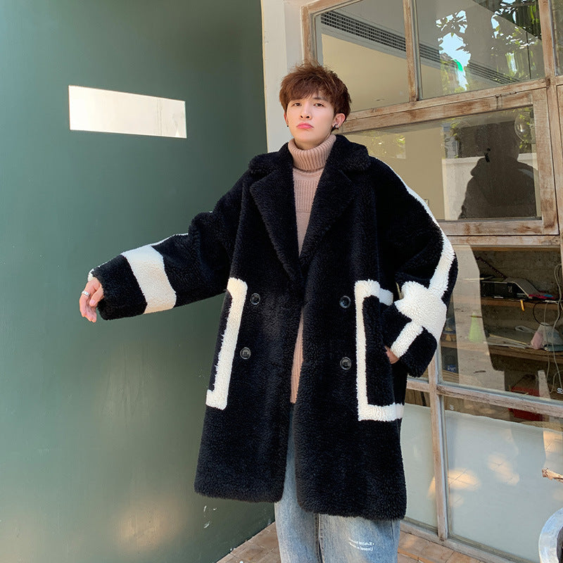 Thick Plush Long Coat with Color Block Design for Couples