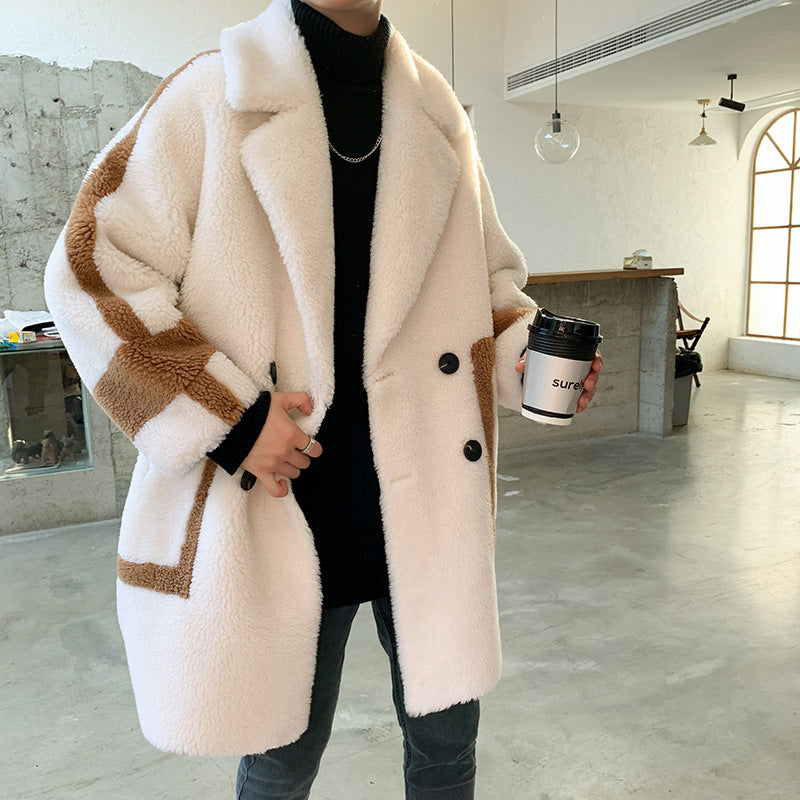 Thick Plush Long Coat with Color Block Design for Couples