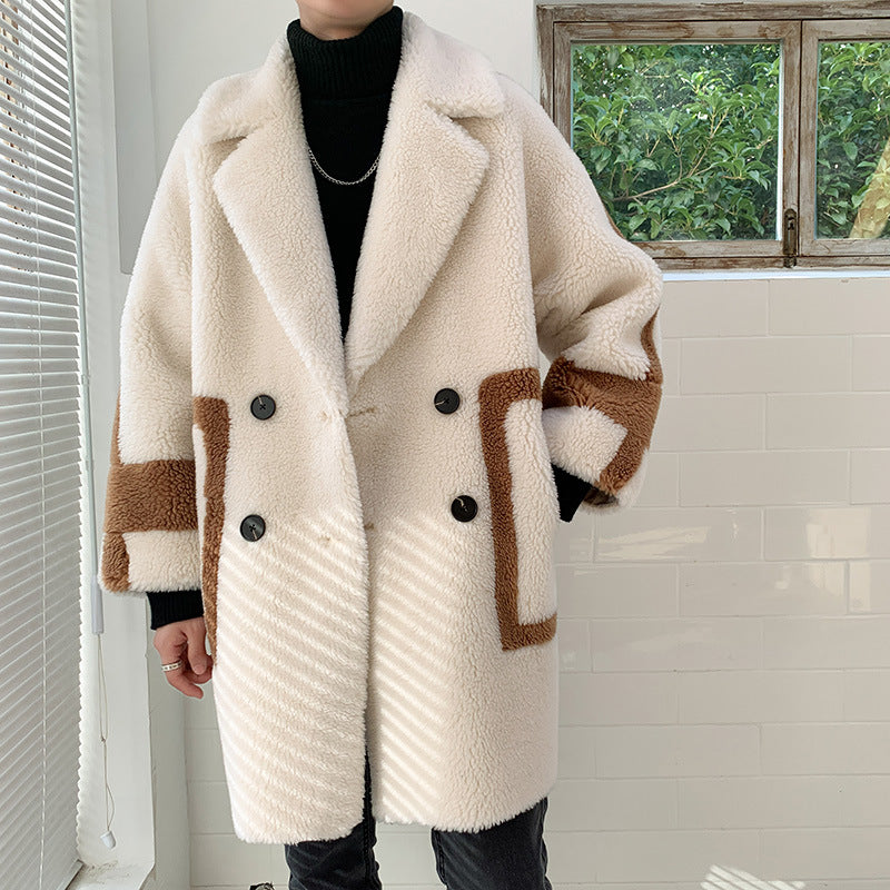Thick Plush Long Coat with Color Block Design for Couples
