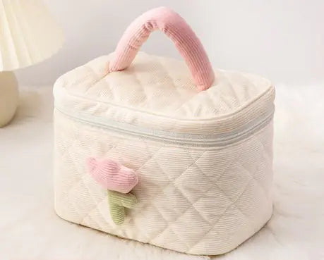 Corduroy Flower Makeup Bag Set for Travel and Beauty