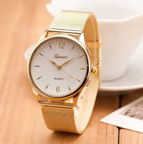 Geneva Watch with Gold Mesh Band and Double Row Diamonds