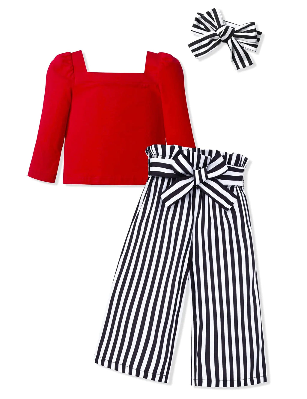 DONWEN Toddler Girl Clothes 2t Girl Clothes 3t Girl Clothes Neck Puff Long Sleeve Top + Striped Pants + Headband 3Pcs Fall Winter Little Girls Clothes Set