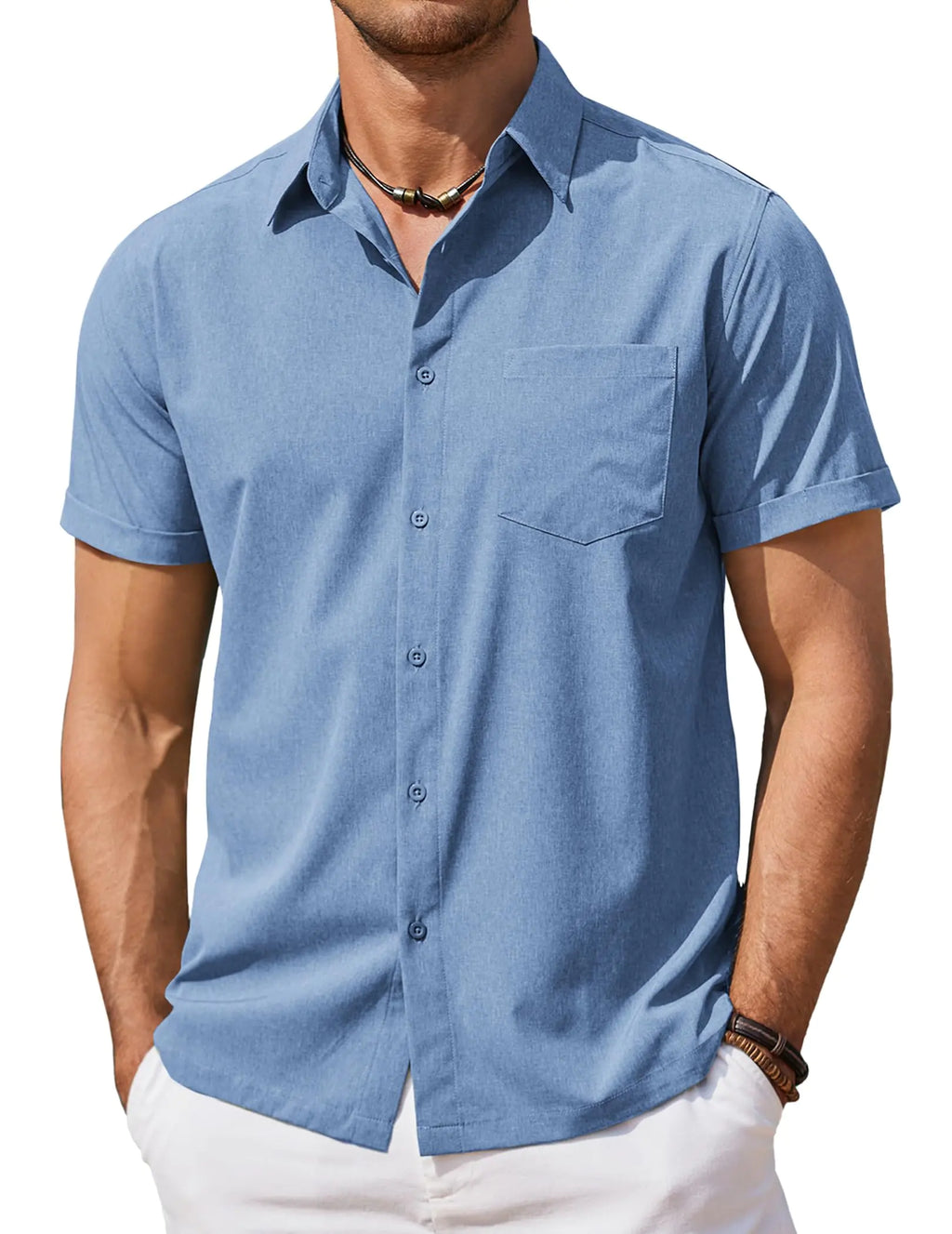 COOFANDY Button Down Shirt Men Beach Shirts Short Sleeve Linen Shirts Summer Clothes Denim Blue