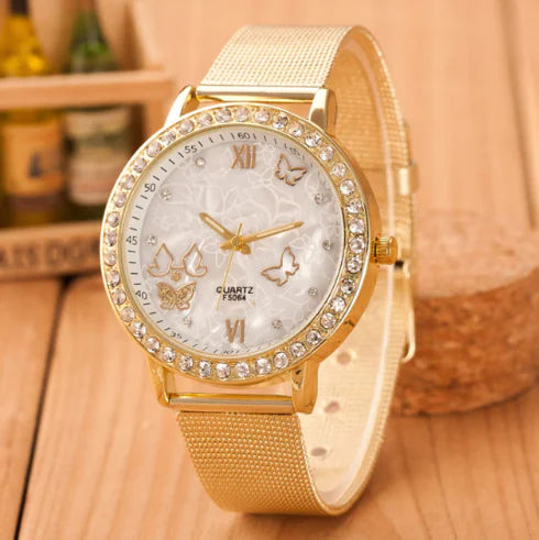Geneva Watch with Gold Mesh Band and Double Row Diamonds