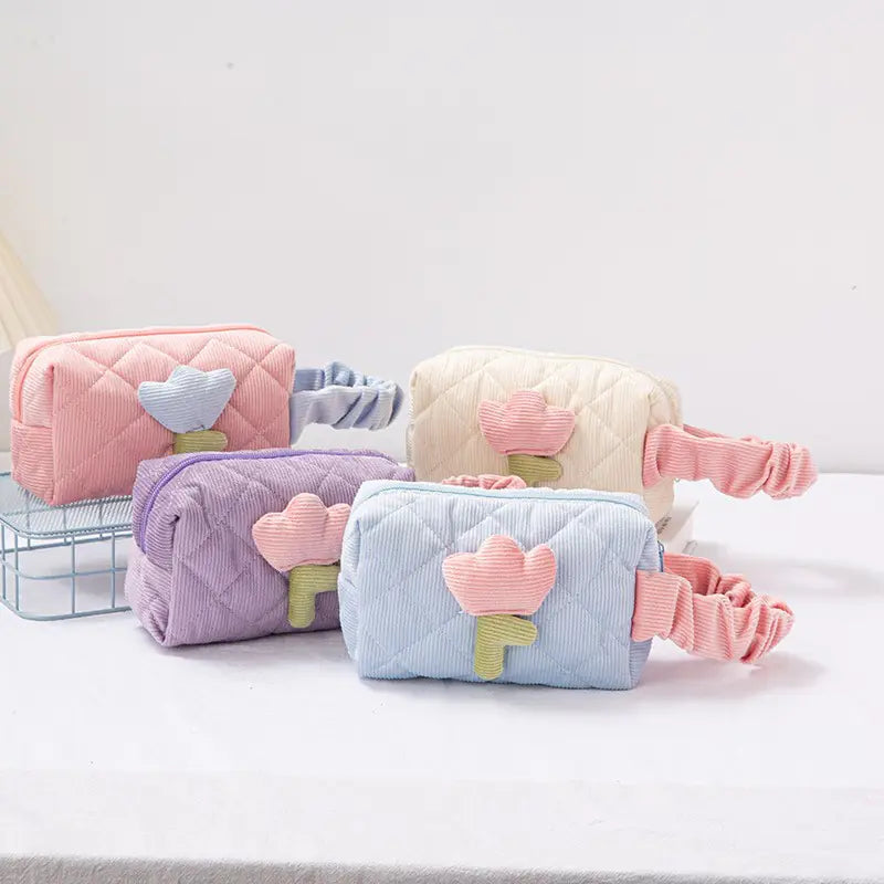 Corduroy Flower Makeup Bag Set for Travel and Beauty