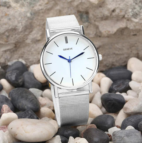 Geneva Watch with Gold Mesh Band and Double Row Diamonds