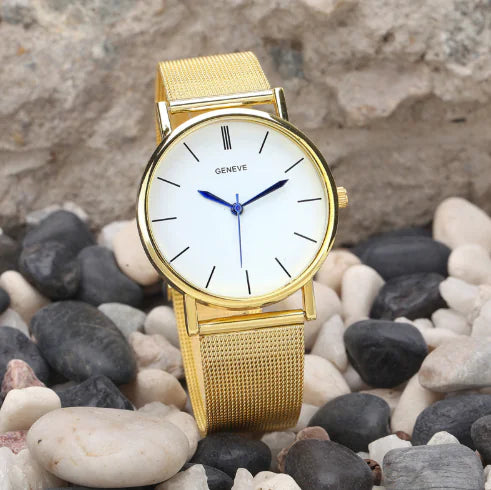 Geneva Watch with Gold Mesh Band and Double Row Diamonds