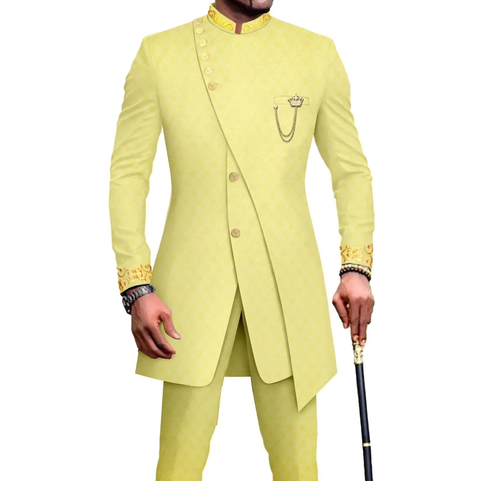 Men`s Suit Double Breasted Slim Fit Embroidery Chain Blazer and Pants Set Dashiki Outfits African Clothes Small Light Yellow
