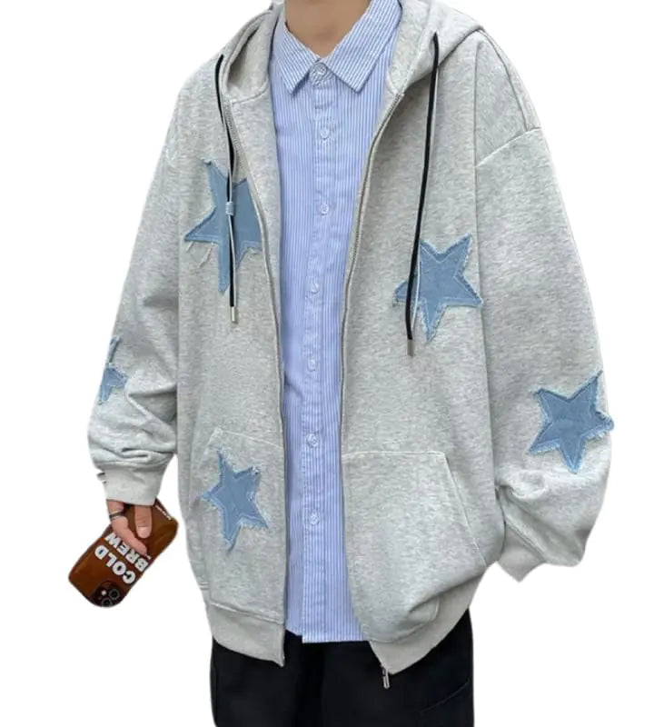 Hopecn Star Hoodie Women Men Y2K Graphic Hoodies Aesthetic Zip Up Jackets Grunge Oversized Sweatshirt Punk Fashion Streetwear Clothes.(Grey3-S)