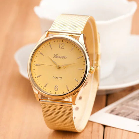 Geneva Watch with Gold Mesh Band and Double Row Diamonds