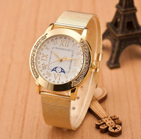 Geneva Watch with Gold Mesh Band and Double Row Diamonds