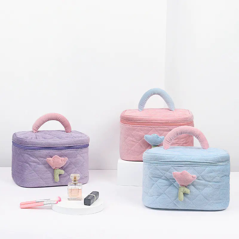 Corduroy Flower Makeup Bag Set for Travel and Beauty