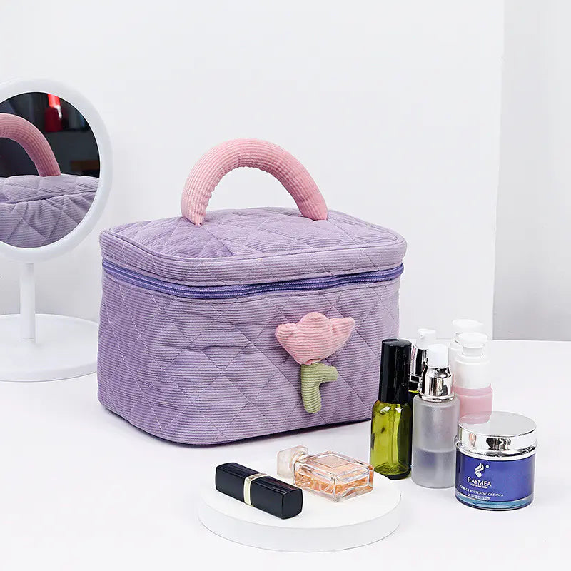 Corduroy Flower Makeup Bag Set for Travel and Beauty
