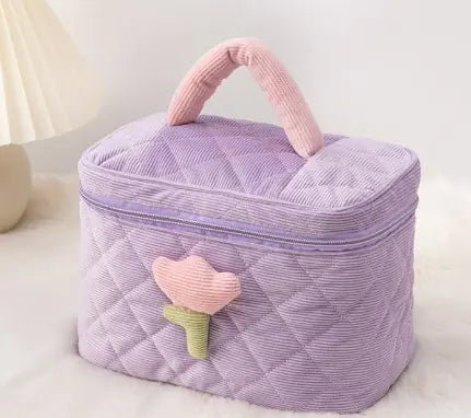 Corduroy Flower Makeup Bag Set for Travel and Beauty